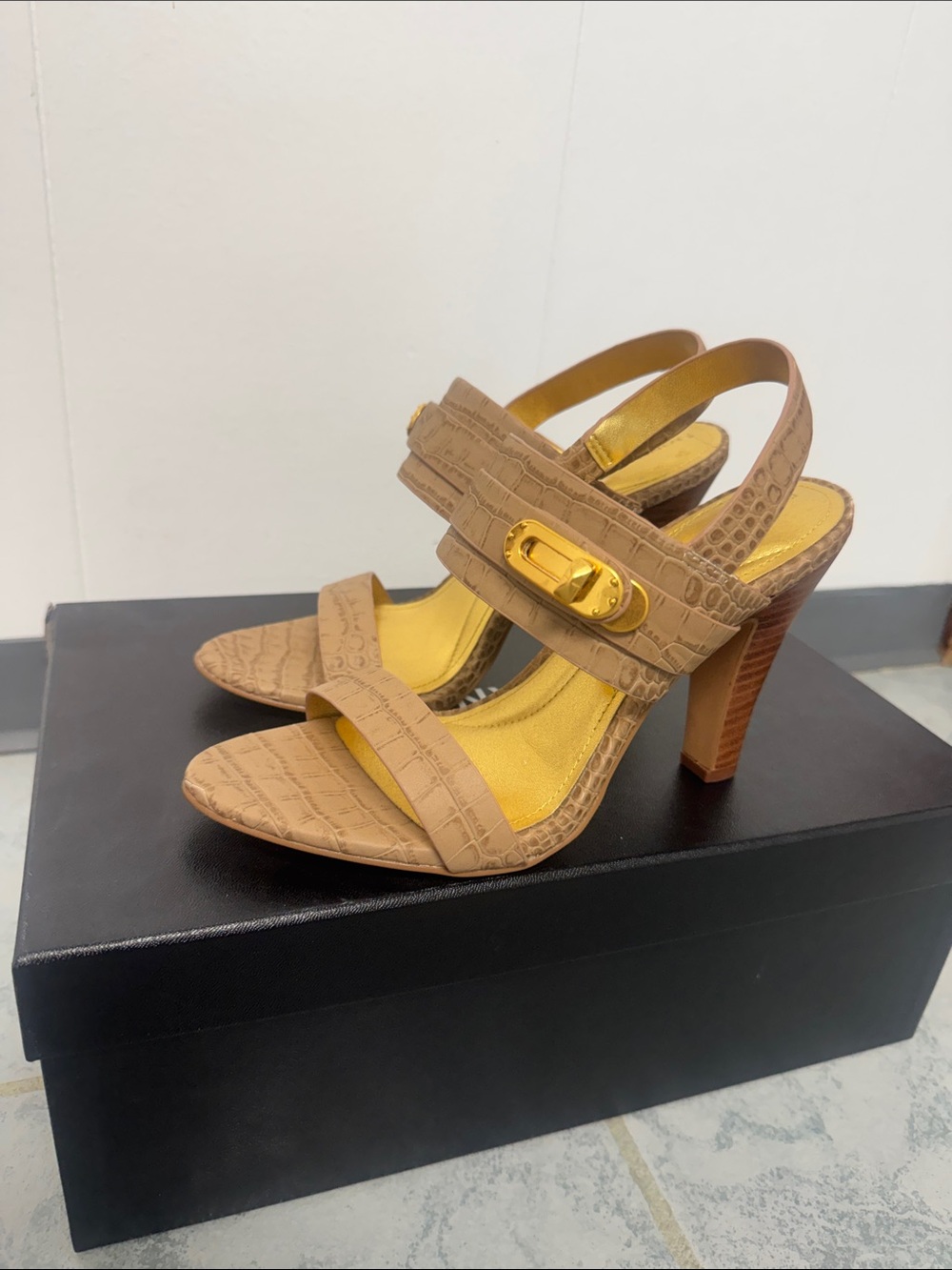 Donna Karan Tan Croc-Embossed High Heel Sandals with Gold Accent